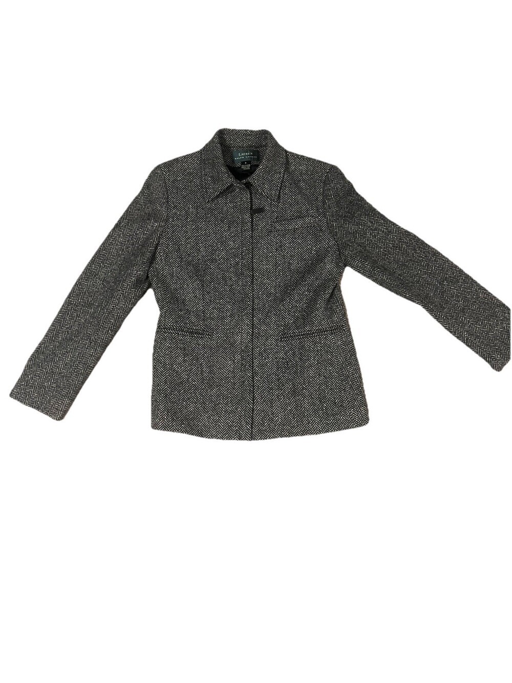 LAUREN RALPH LAUREN Women’s 8 Gray Herringbone Woolmark Wool Zip Jacket Lined - Picture 1 of 12